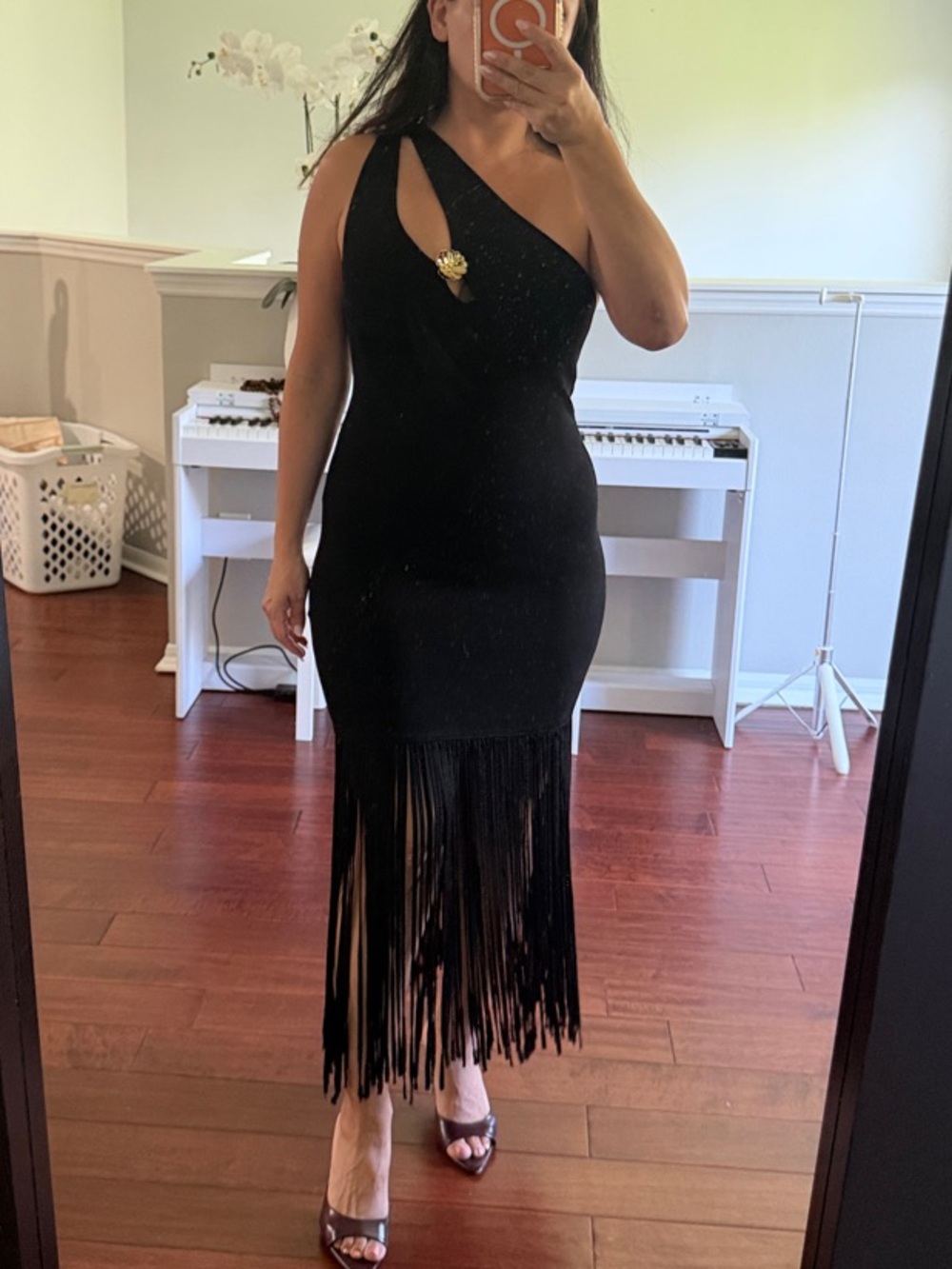 Sandro Black One-Shoulder Fringe Midi Dress with Gold Brooch